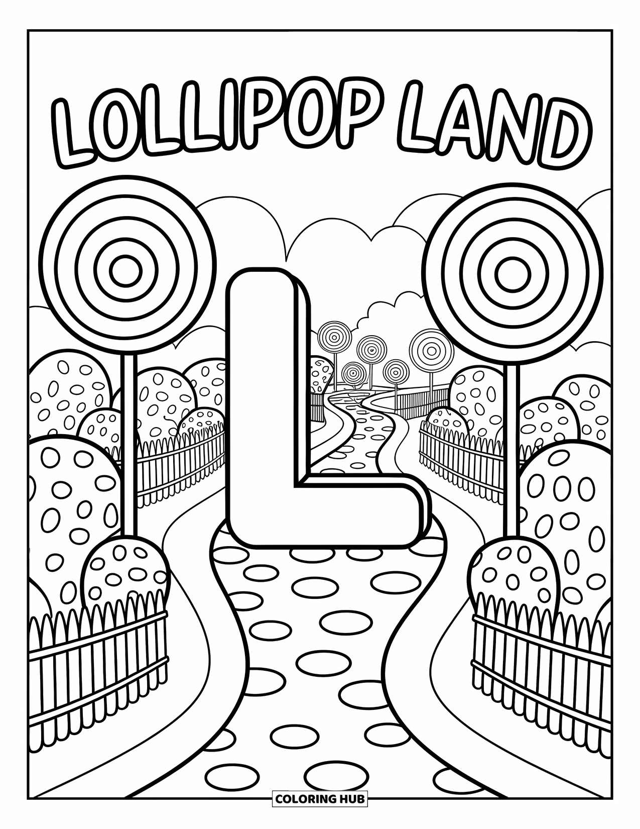 Letter L Coloring Page for Adults: Big L greets you at a candy village with gumdrop bushes and lollipop trees