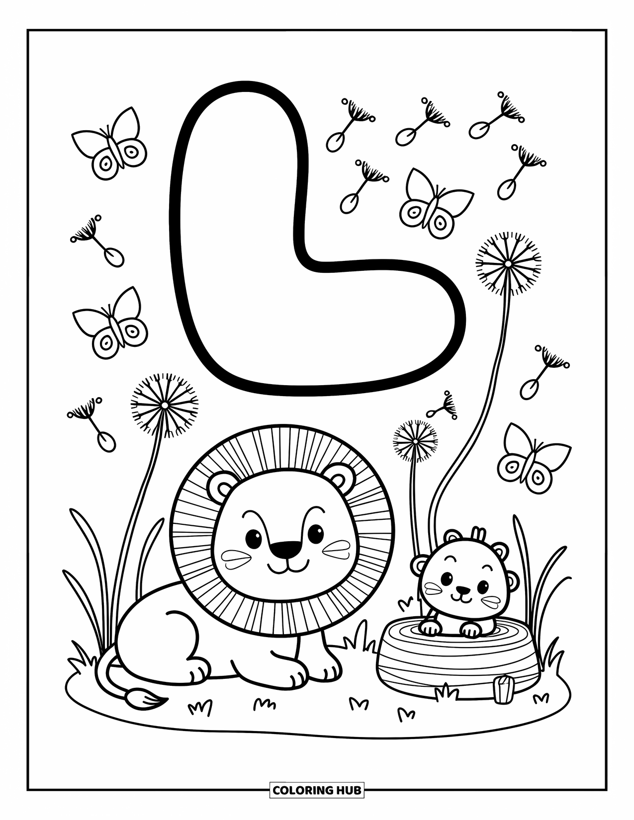 Letter L Coloring Page for Adults: Bubble-style letters L and l sit beside a lion, lizard, and butterflies in the grass