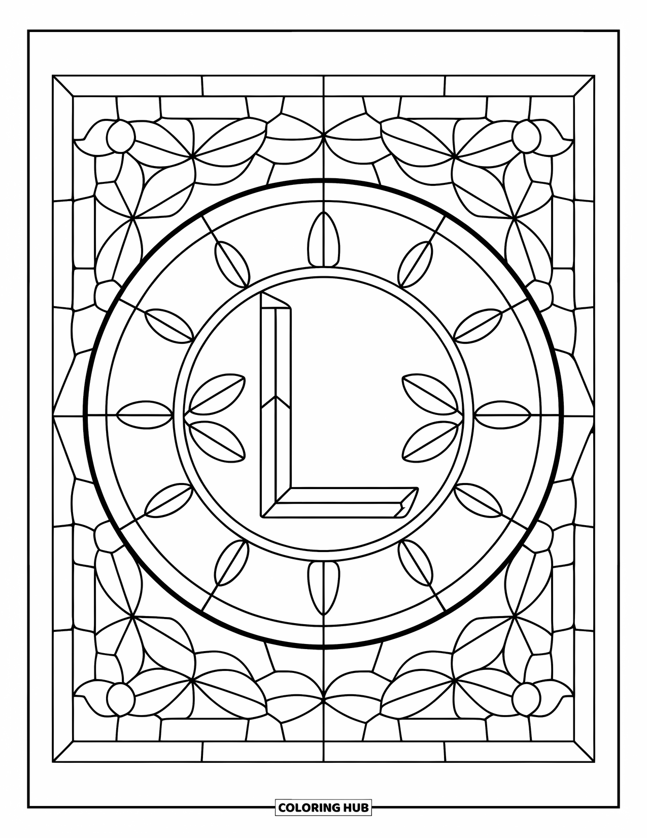 Letter L Coloring Page for Adults: Geometric flowers and a circular frame surround the letter L