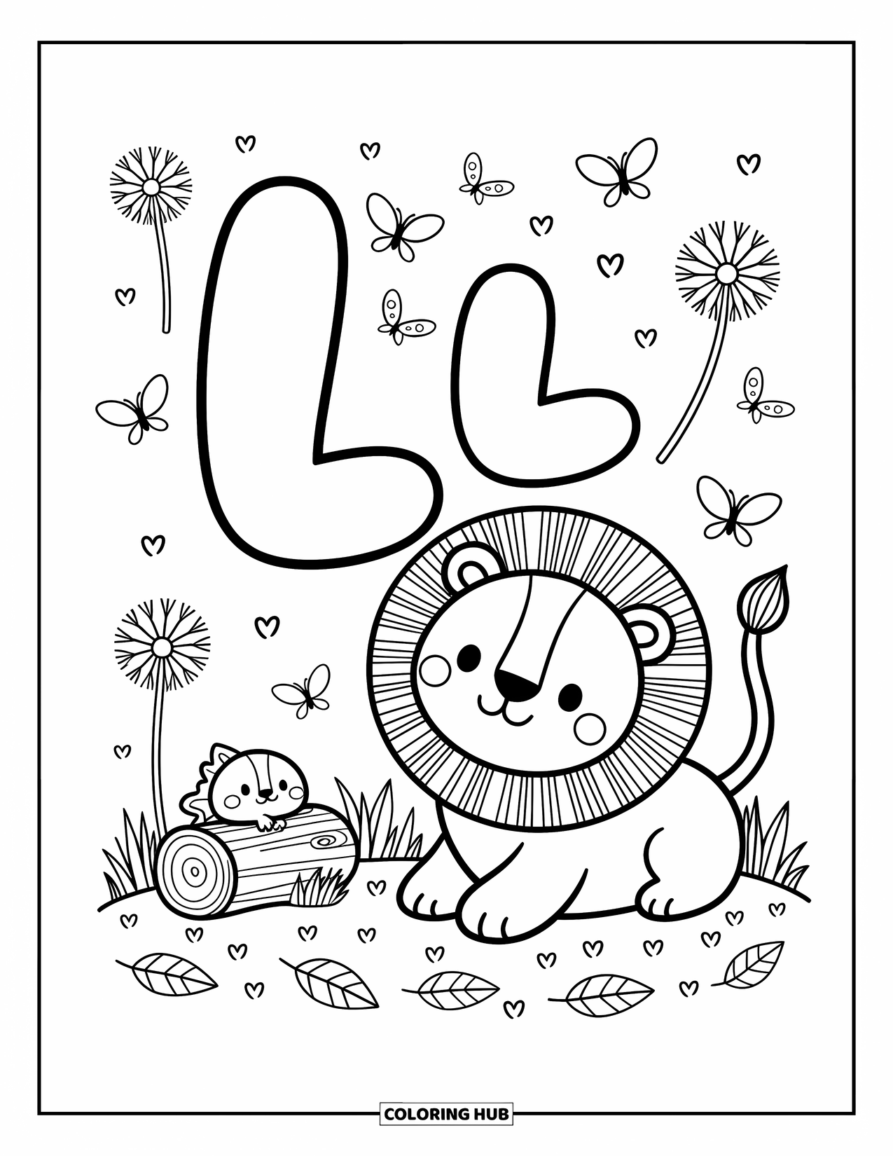 Letter L Coloring Page for Adults: L and l rest near a smiling lion, playful butterflies, and a curious little lizard
