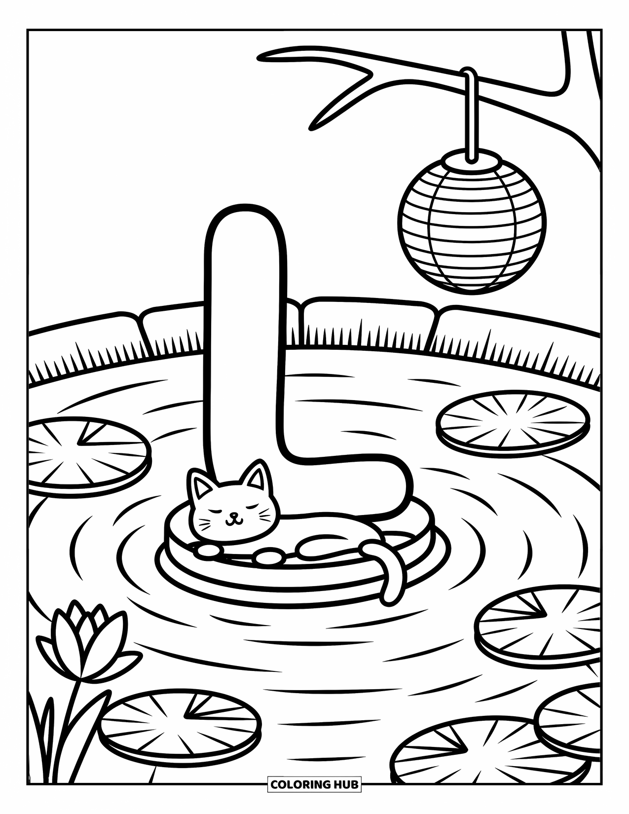 Letter L Coloring Page for Adults: L drifts in a pond while a lazy cat and lantern bring cozy charm