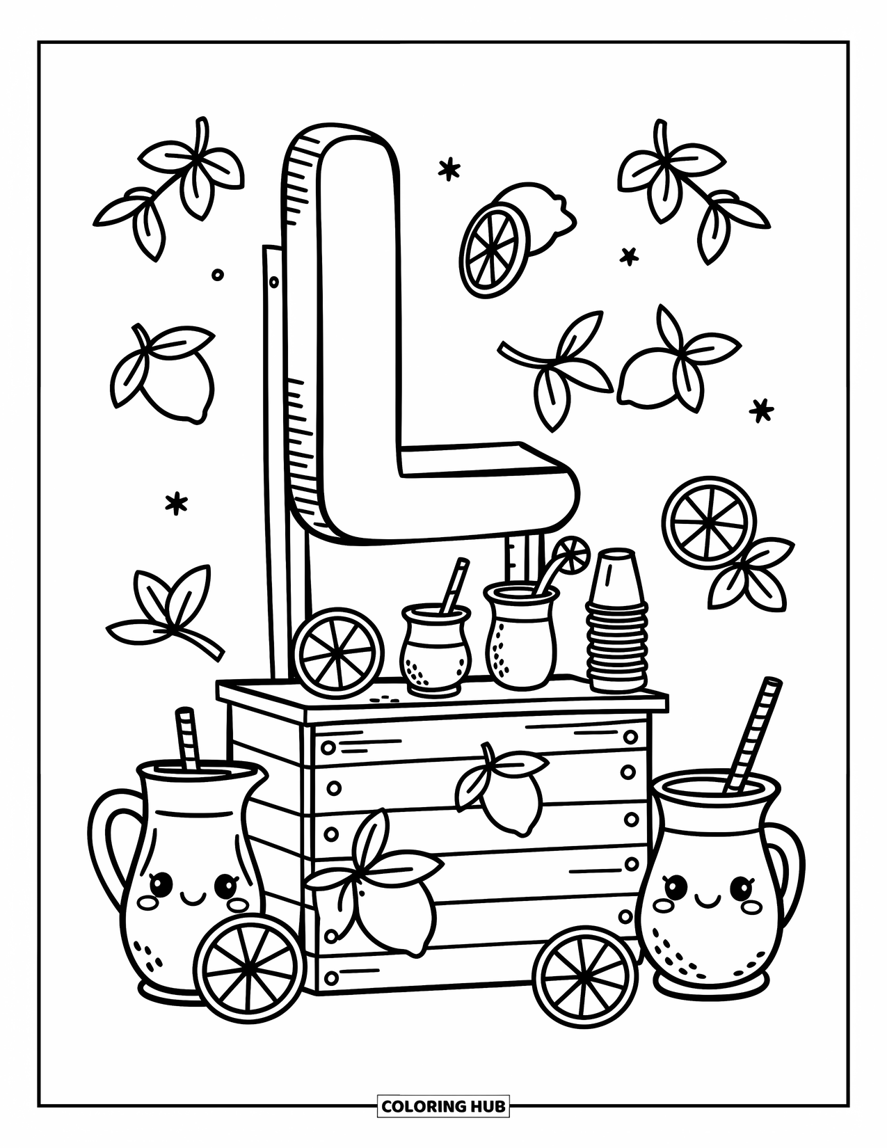 Letter L Coloring Page for Adults: L helps support a lemonade stand filled with sweet pitchers and cheerful lemony details