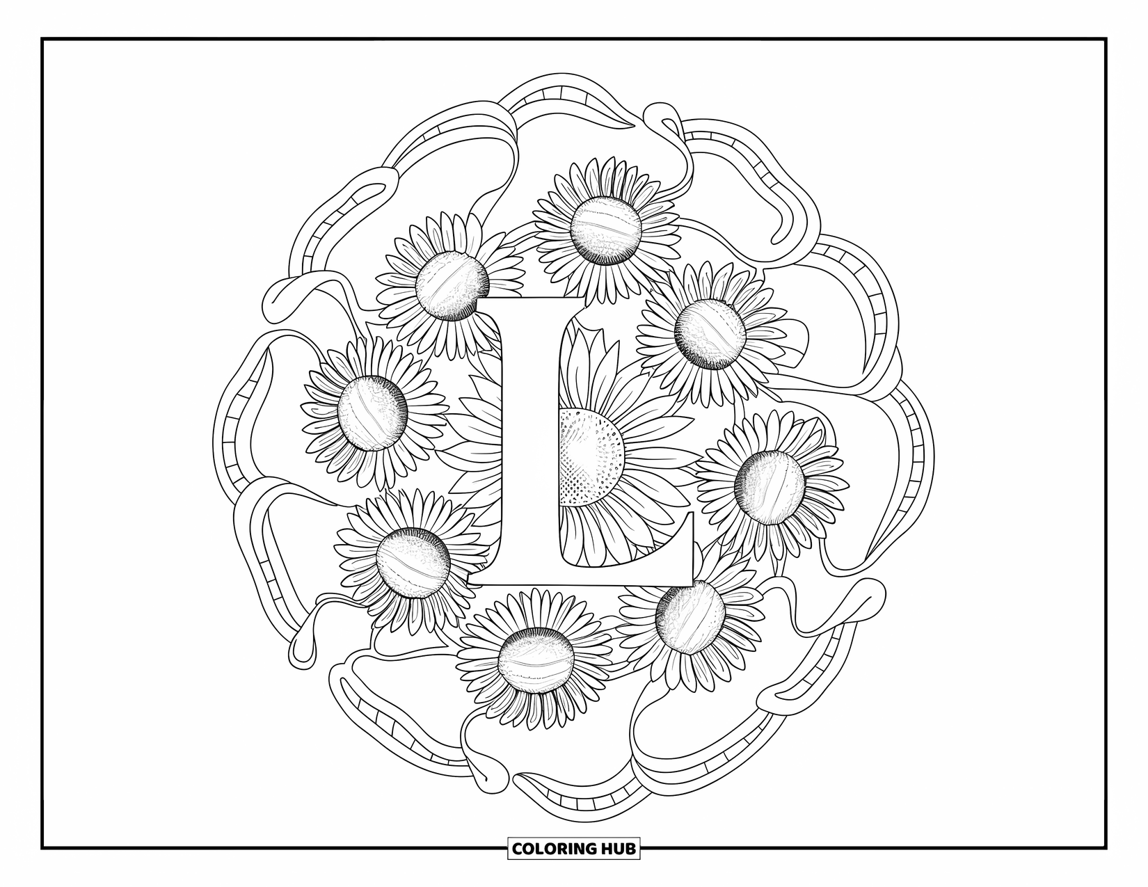 Letter L Coloring Page for Adults: L rests in the middle of a mandala filled with sunflowers and swirling vines