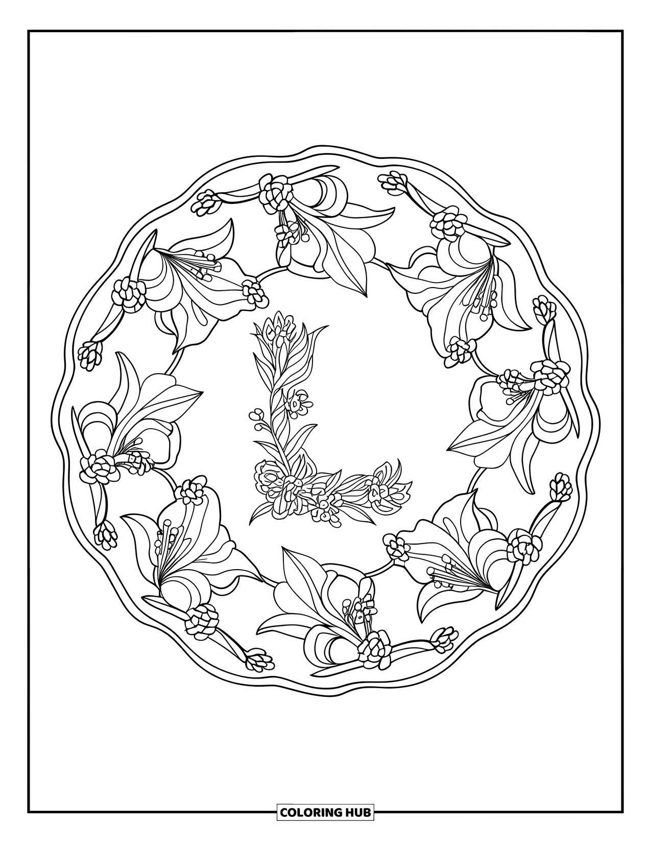 Letter L Coloring Page for Adults: L sits in the middle of a floral mandala with roses, lilies, and vines