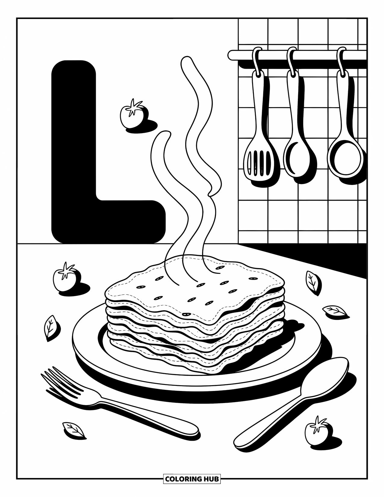 Letter L Coloring Page for Adults: Lasagna and the letter L sit in a warm kitchen with tiny herbs and steam