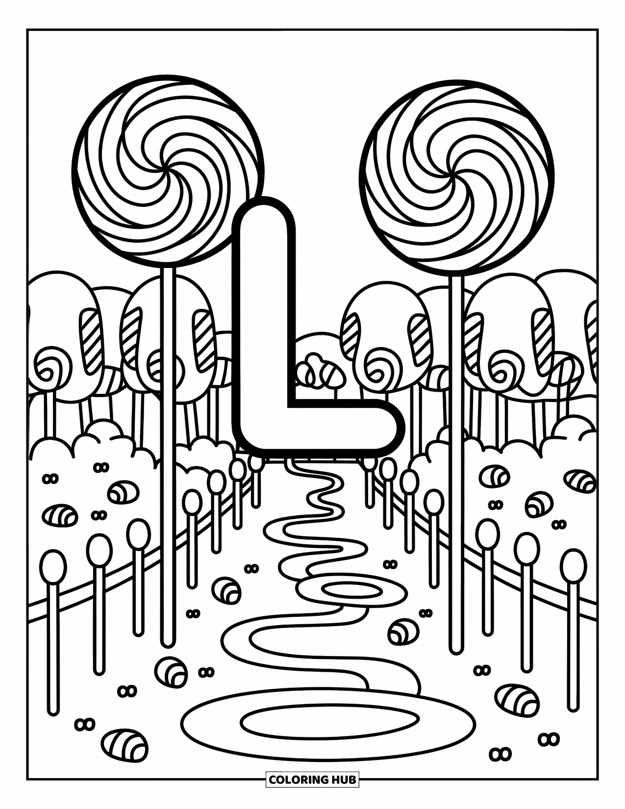 Letter L Coloring Page for Adults: Lollipop Land features letter L, candy paths, gumdrops, and swirly sweets all around