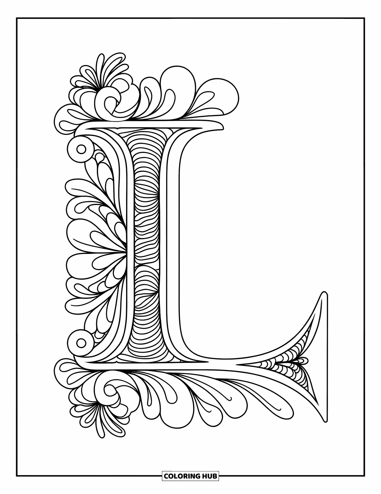 Letter L Coloring Page for Adults: Swirling lace and florals frame a beautifully ornate letter L