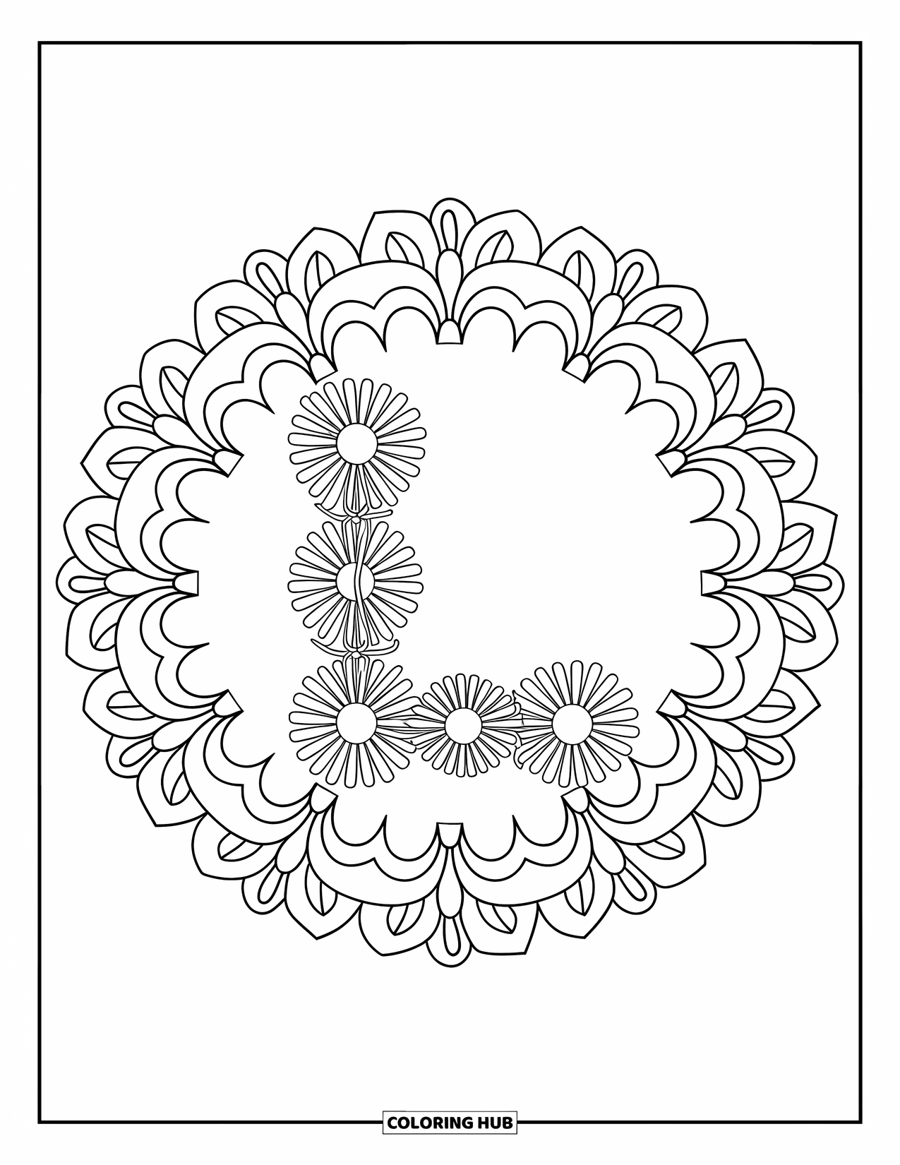 Letter L Coloring Page for Adults: The letter L blends into a detailed mandala of daisy petals and vines