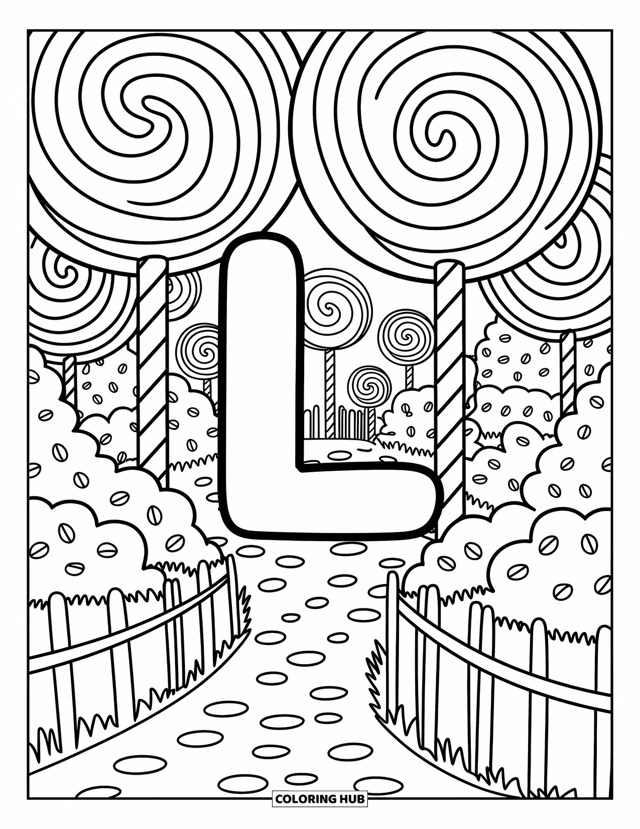 Letter L Coloring Page for Adults: The letter L welcomes you into a land of swirly lollipops and candy trails