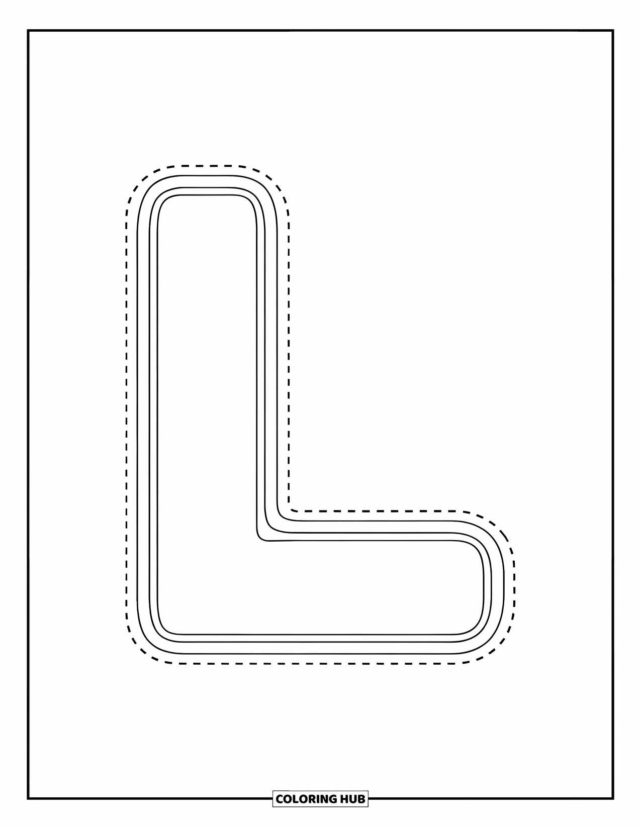 Letter L Coloring Page for Kids: A big dotted letter L is centered for easy tracing fun