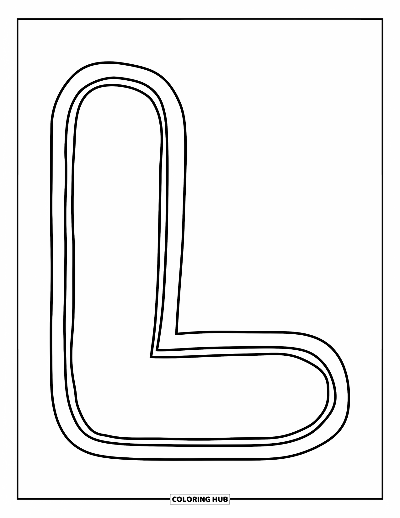 Letter L Coloring Page for Kids: A big letter L stands tall with a playful bold outline