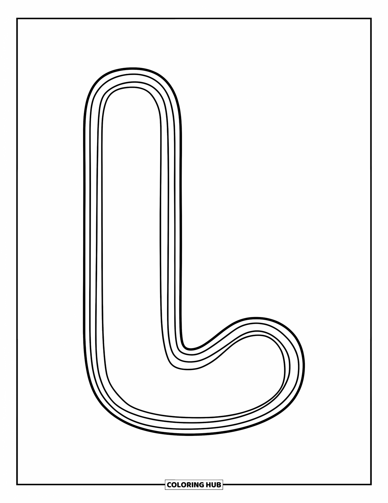 Letter L Coloring Page for Kids: A bold lowercase l stands tall and centered on the page