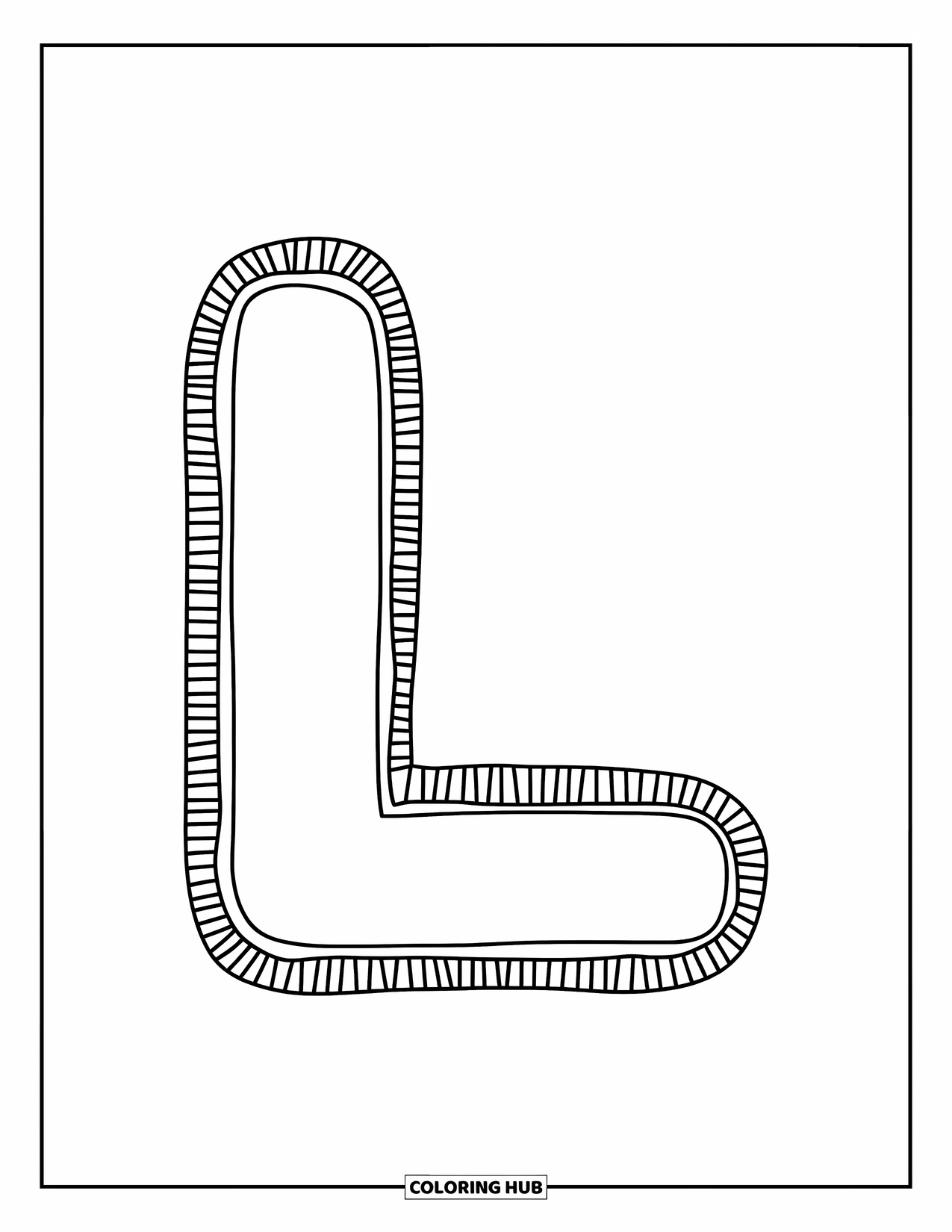 Letter L Coloring Page for Kids: A bold uppercase L is centered and easy to color