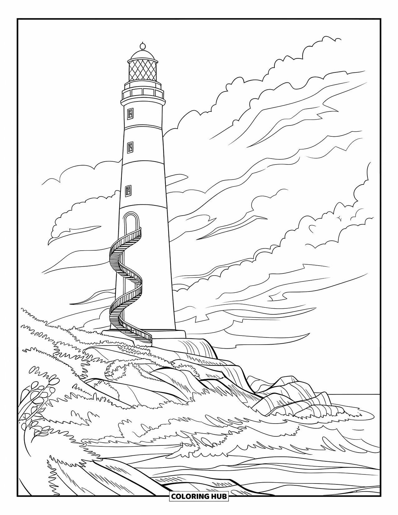 Letter L Coloring Page for Kids: A cliffside lighthouse stands tall under a cloudy sky