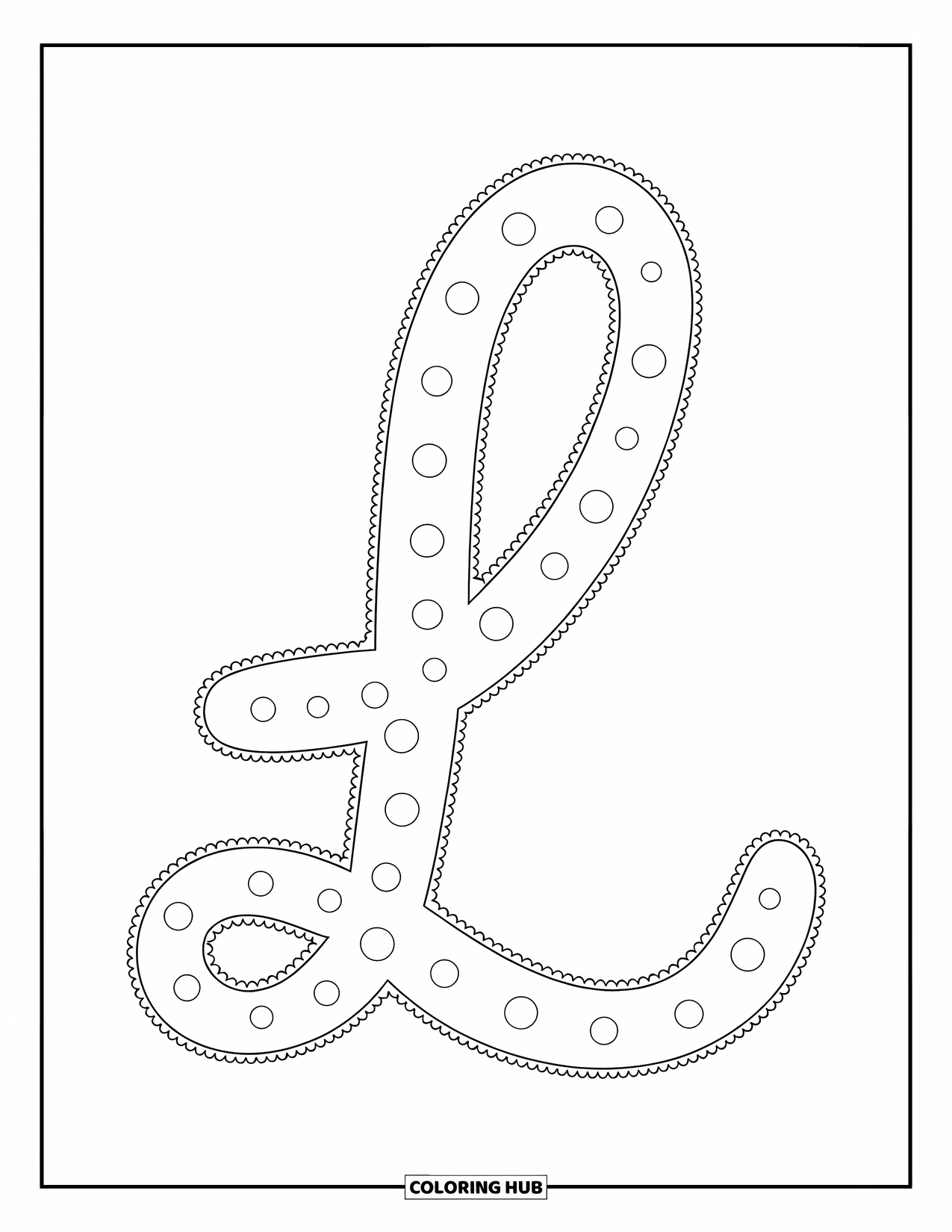 Letter L Coloring Page for Kids: A cursive dotted L is centered and great for little learners