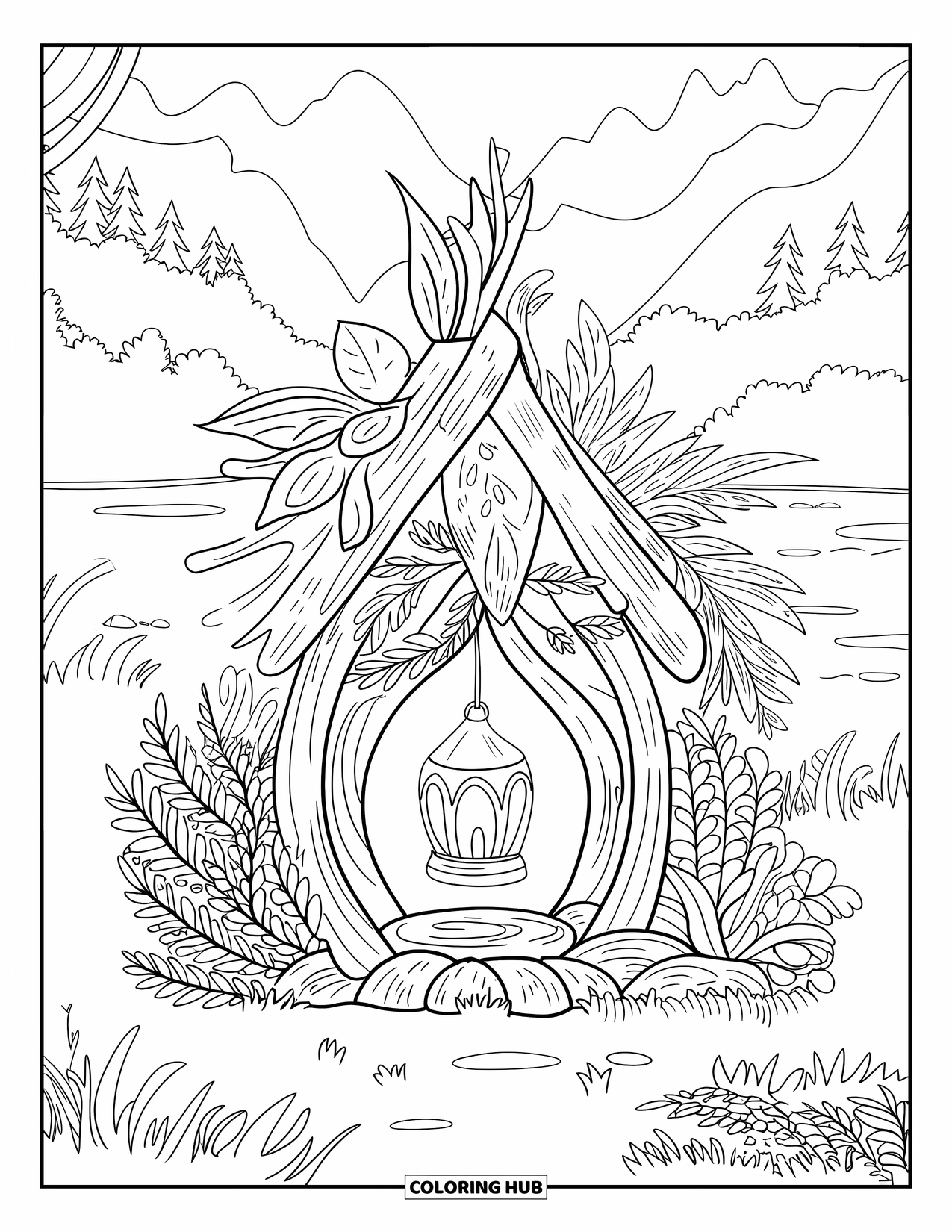 Letter L Coloring Page for Kids: A glowing lantern lights up a tree-stump fairy house surrounded by greenery