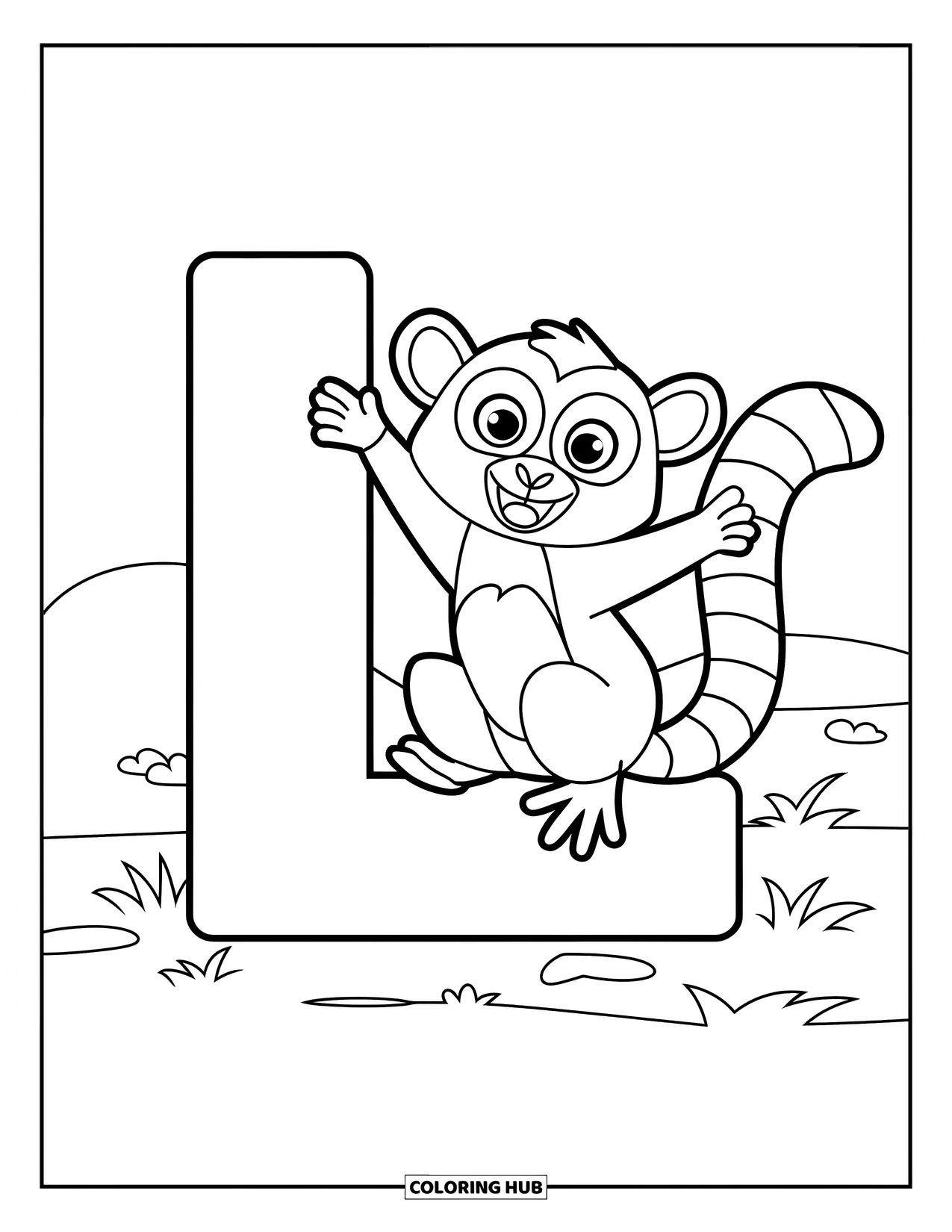 Letter L Coloring Page for Kids: A happy lemur hangs off a big letter L on the ground