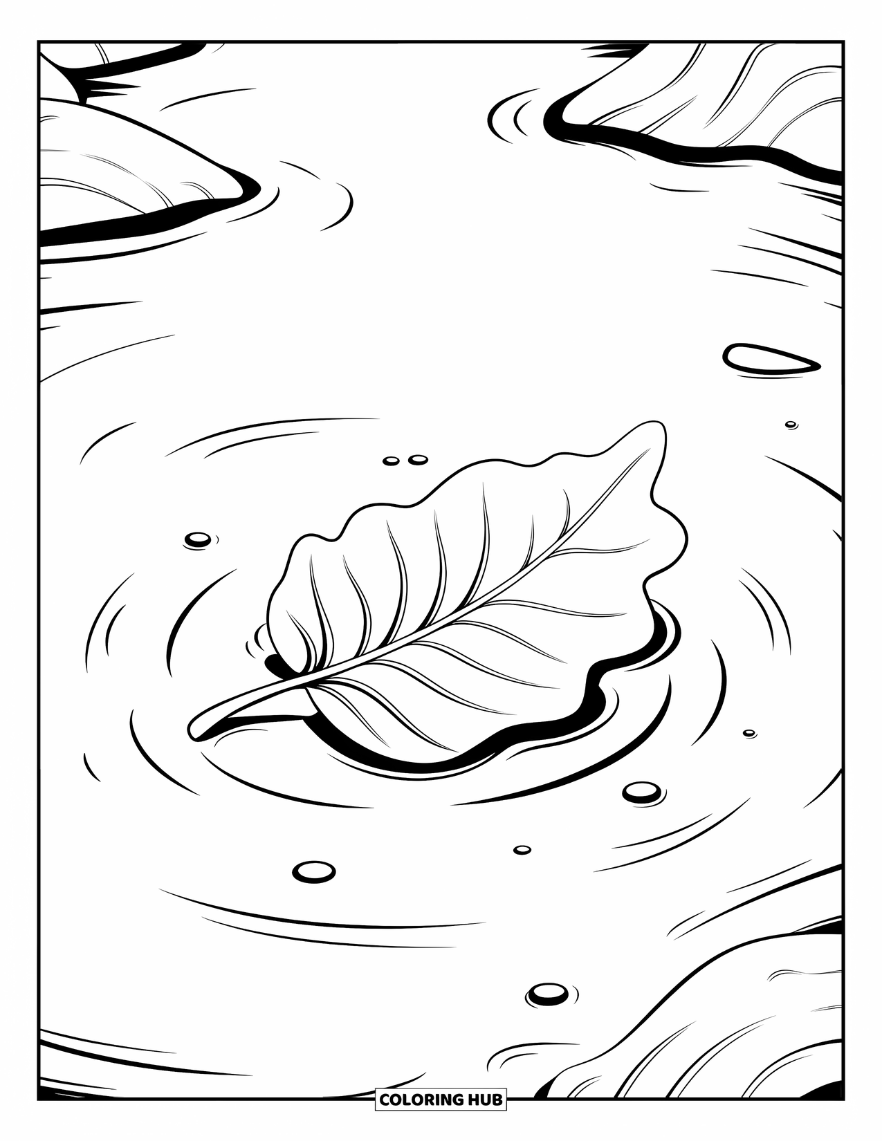 Letter L Coloring Page for Kids: A heart-shaped leaf floats with bubbles and nearby rocks