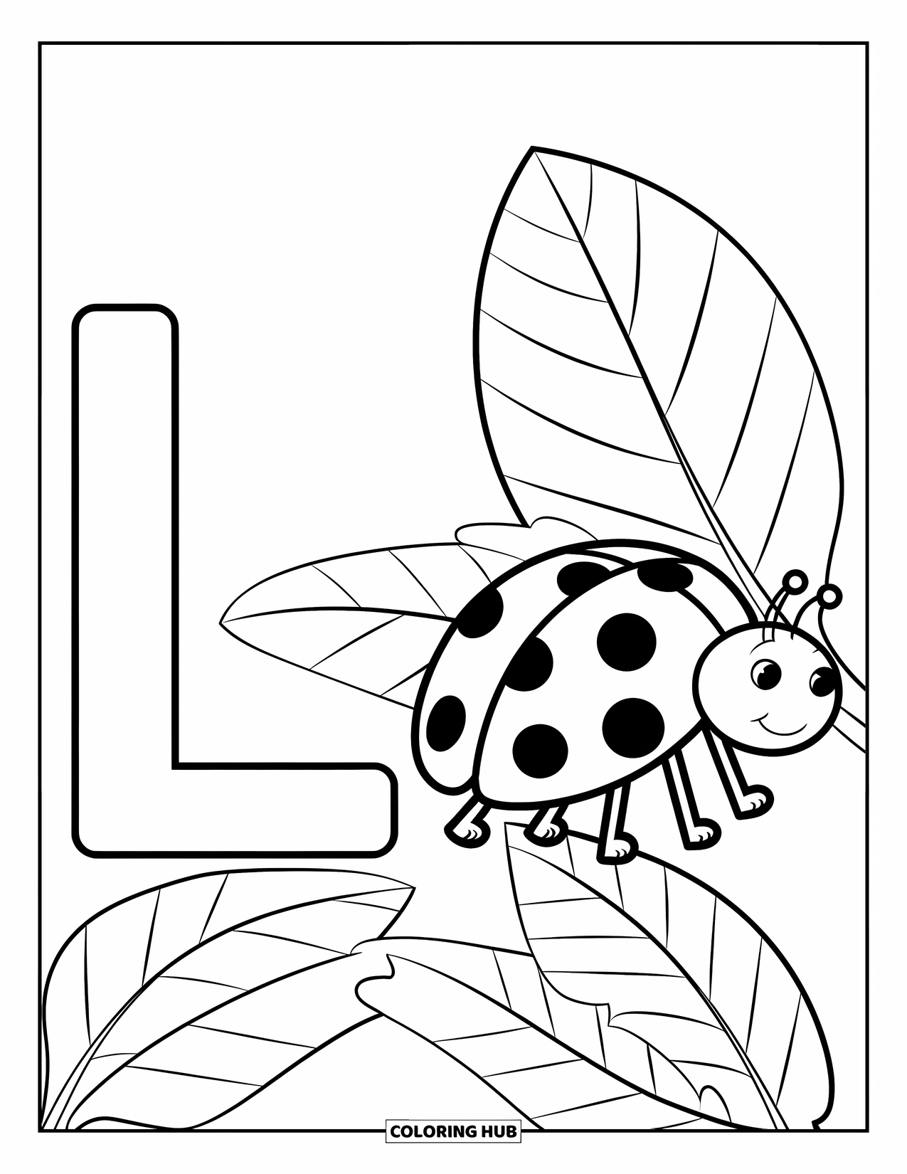 Letter L Coloring Page for Kids: A ladybug with spots explores leaves near the bold letter L