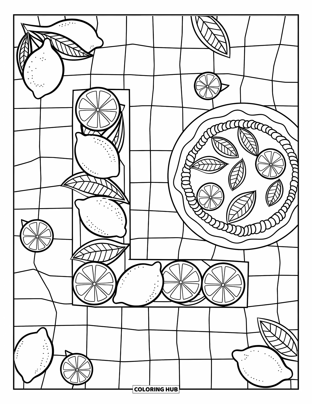 Letter L Coloring Page for Kids: A lemony letter L with pie and fruit on a checkered cloth