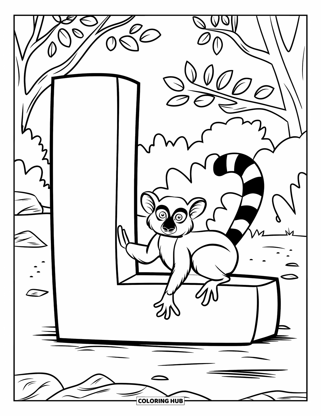Letter L Coloring Page for Kids: A lemur playfully dangles from the letter L near trees and rocks