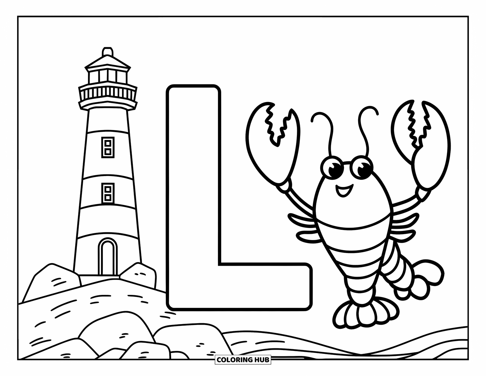 Letter L Coloring Page for Kids: A lighthouse and lobster pose beside big L and little l