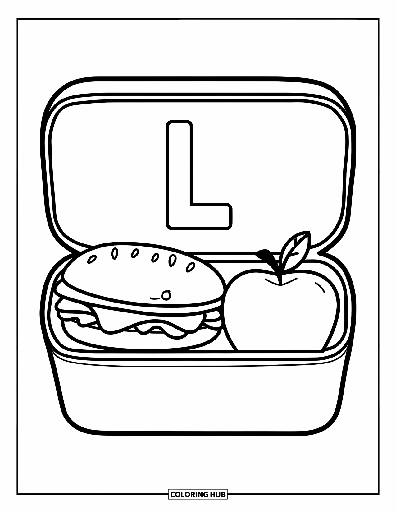Letter L Coloring Page for Kids: A lunchbox with the letter L holds a sandwich, apple, and juice