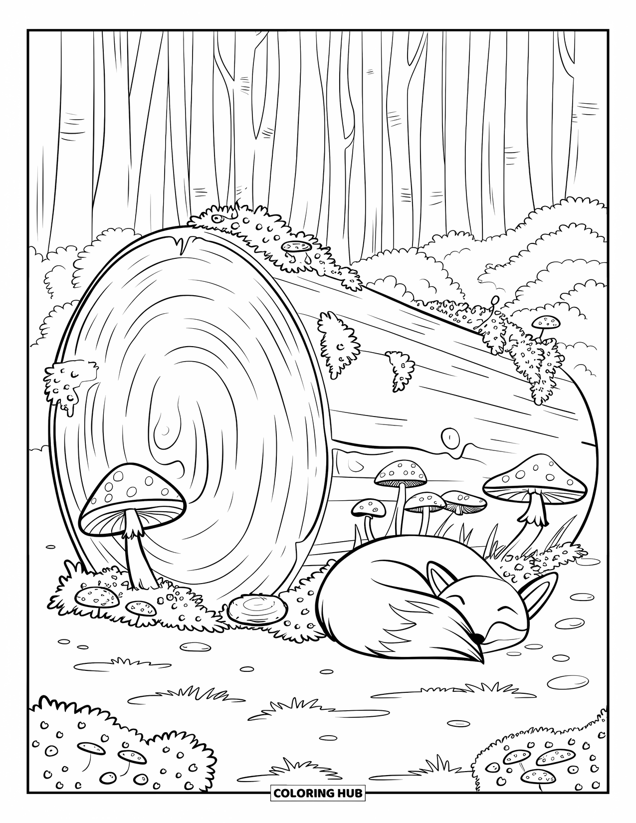 Letter L Coloring Page for Kids: A mossy forest log is home to mushrooms and a sleeping fox