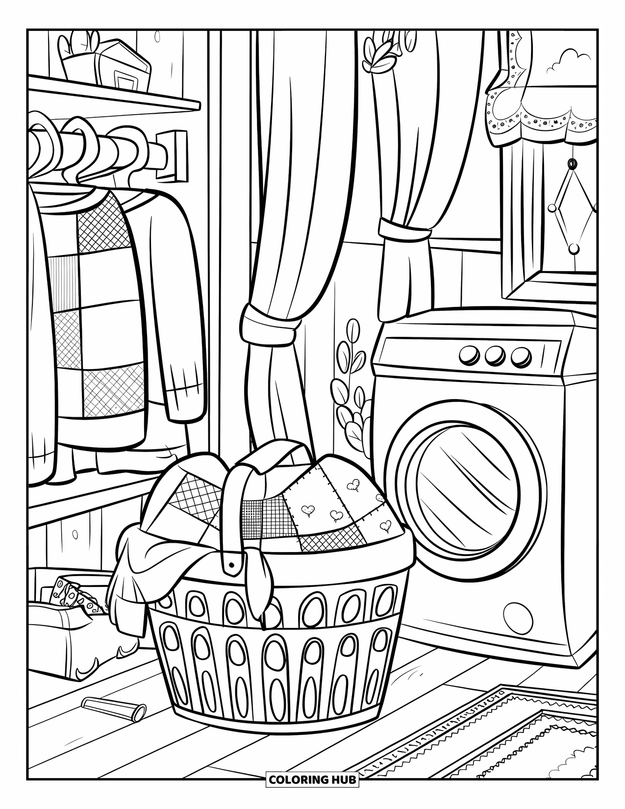 Letter L Coloring Page for Kids: A rustic laundry room with tiny clothes and a patchwork linen nearby