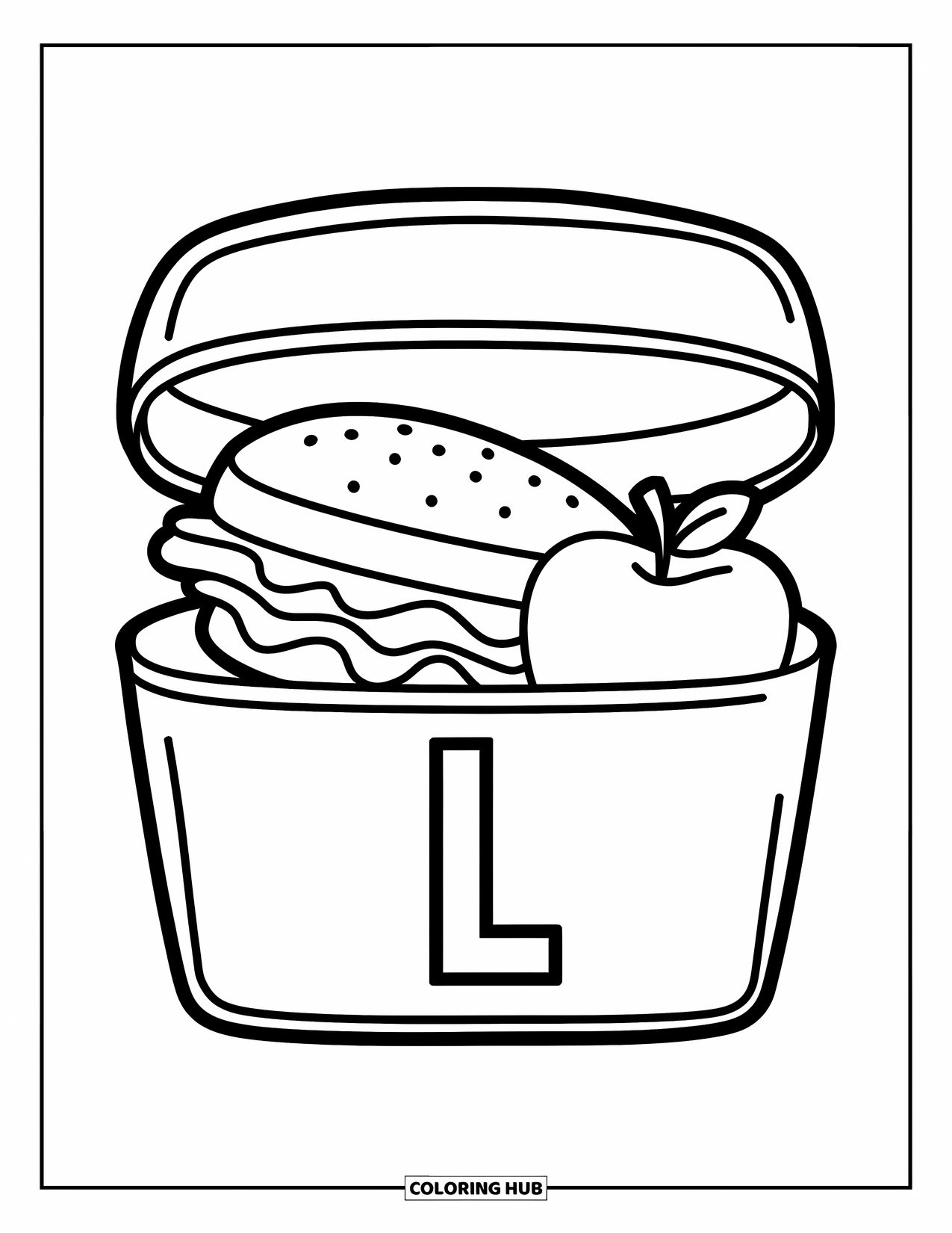 Letter L Coloring Page for Kids: A sandwich, apple, and juice sit inside a lunchbox marked with L