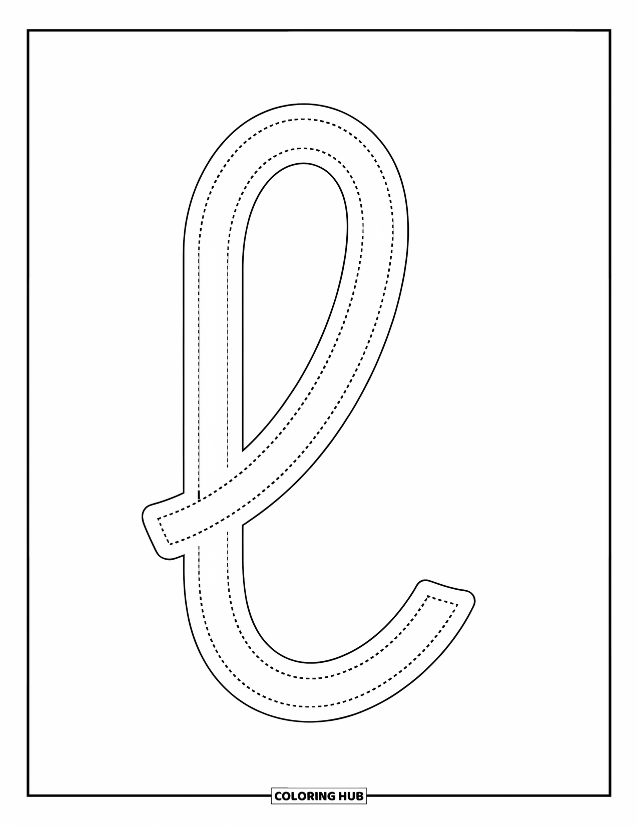 Letter L Coloring Page for Kids: A simple dotted lowercase l with a curved tail, ready to trace