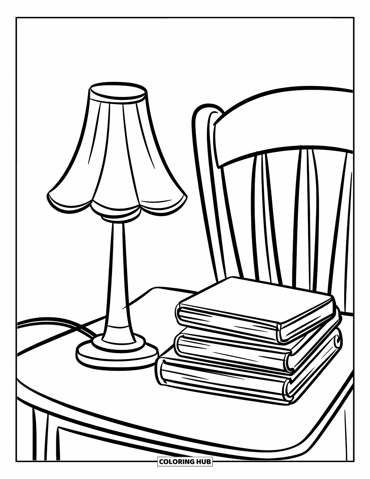 Letter L Coloring Page for Kids: A soft-glowing lamp rests beside bedtime books on a tiny nightstand