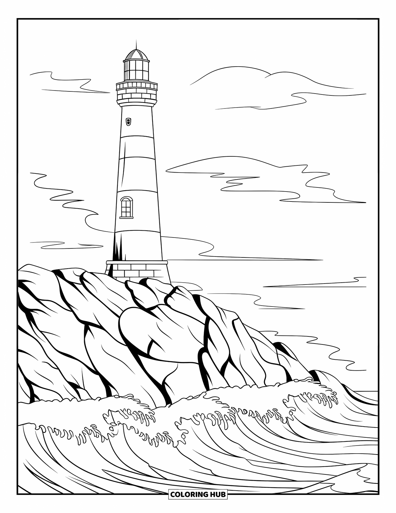 Letter L Coloring Page for Kids: A tall lighthouse stands firm as waves crash against rocky cliffs