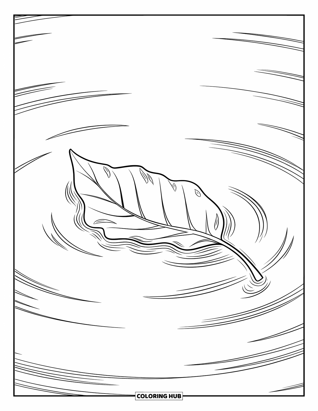 Letter L Coloring Page for Kids: A veined leaf floats peacefully, sending soft circles across the water
