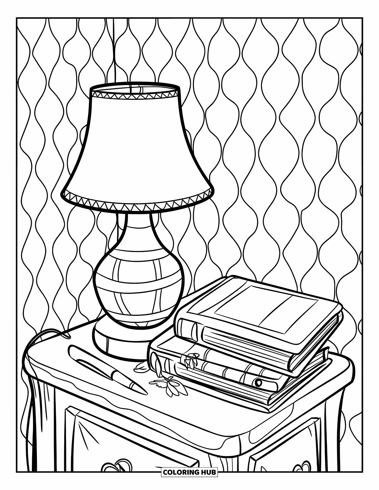 Letter L Coloring Page for Kids: A warm lamp shines next to books, a pen, and a tiny plant