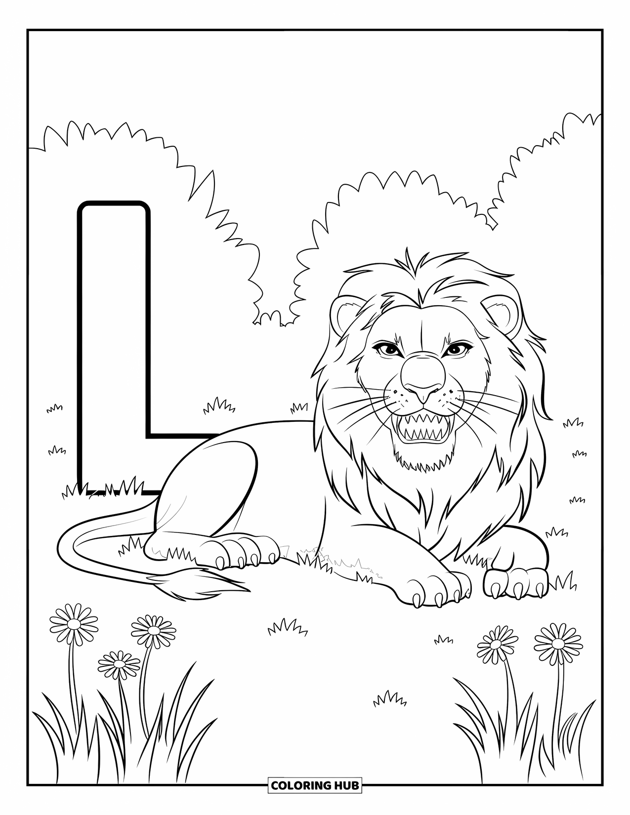 Letter L Coloring Page for Kids: A yawning lion rests beside a letter L under leafy trees
