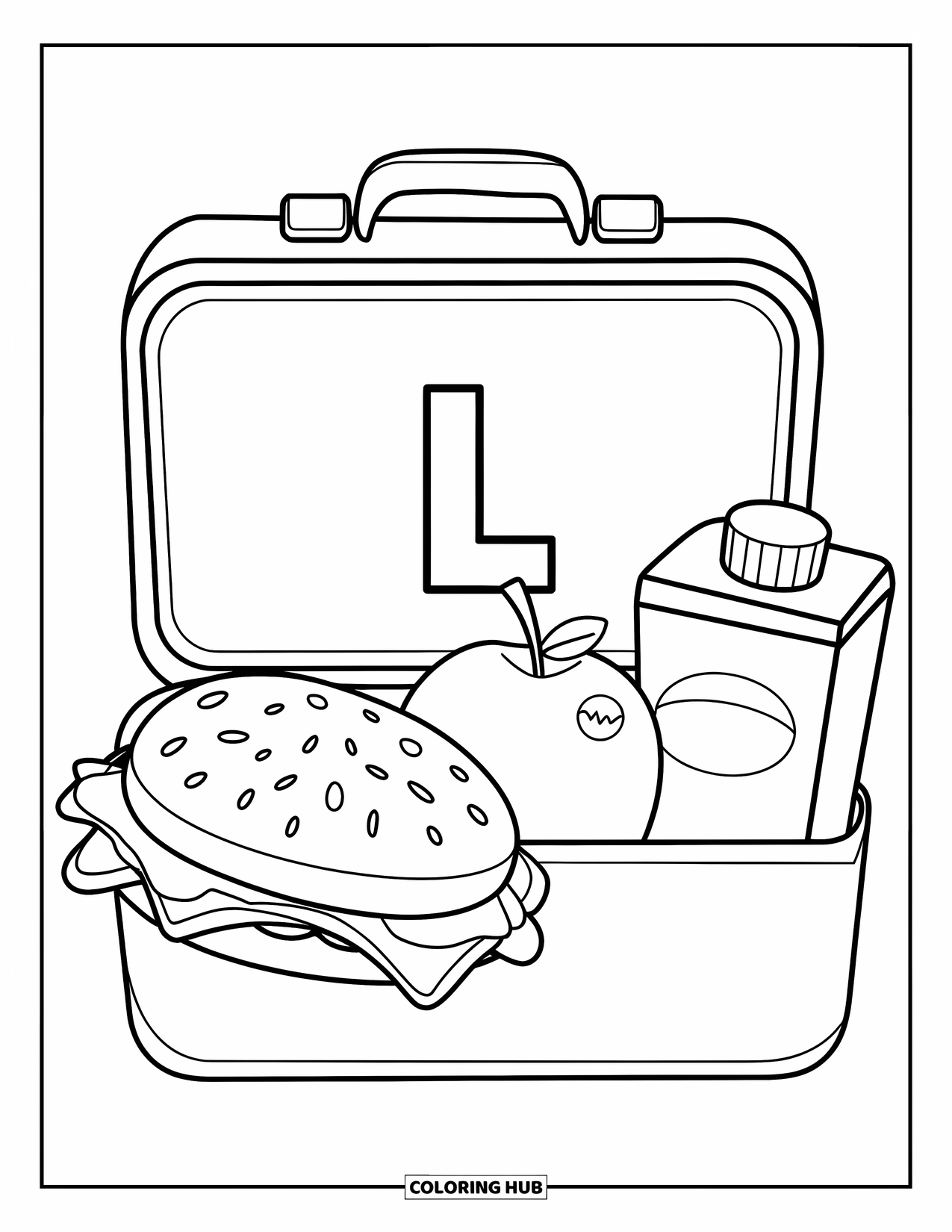 Letter L Coloring Page for Kids: An L-labeled lunchbox holds a sandwich, apple, and bright red juice box