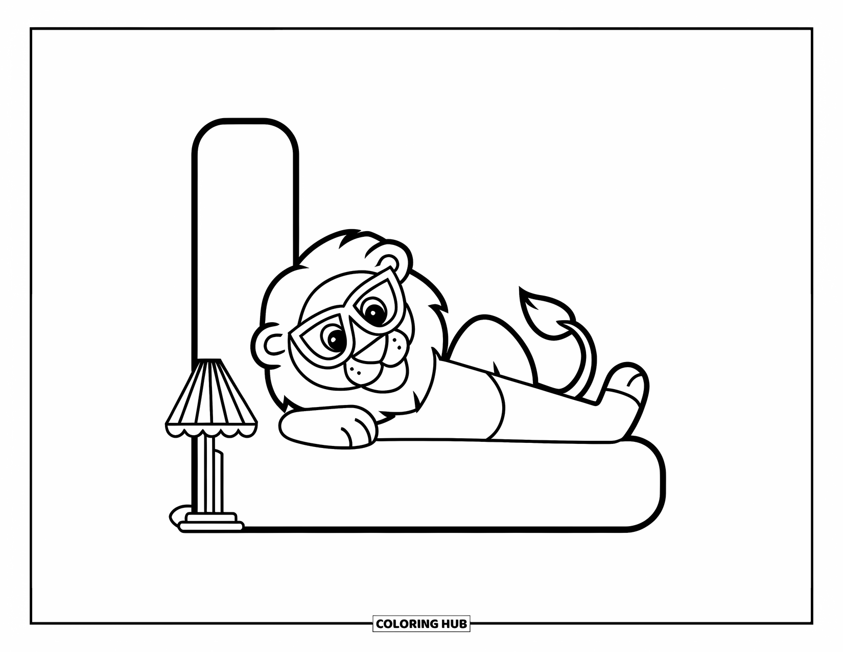 Letter L Coloring Page for Kids: Big L and a lion relax while little l and a lamp smile nearby