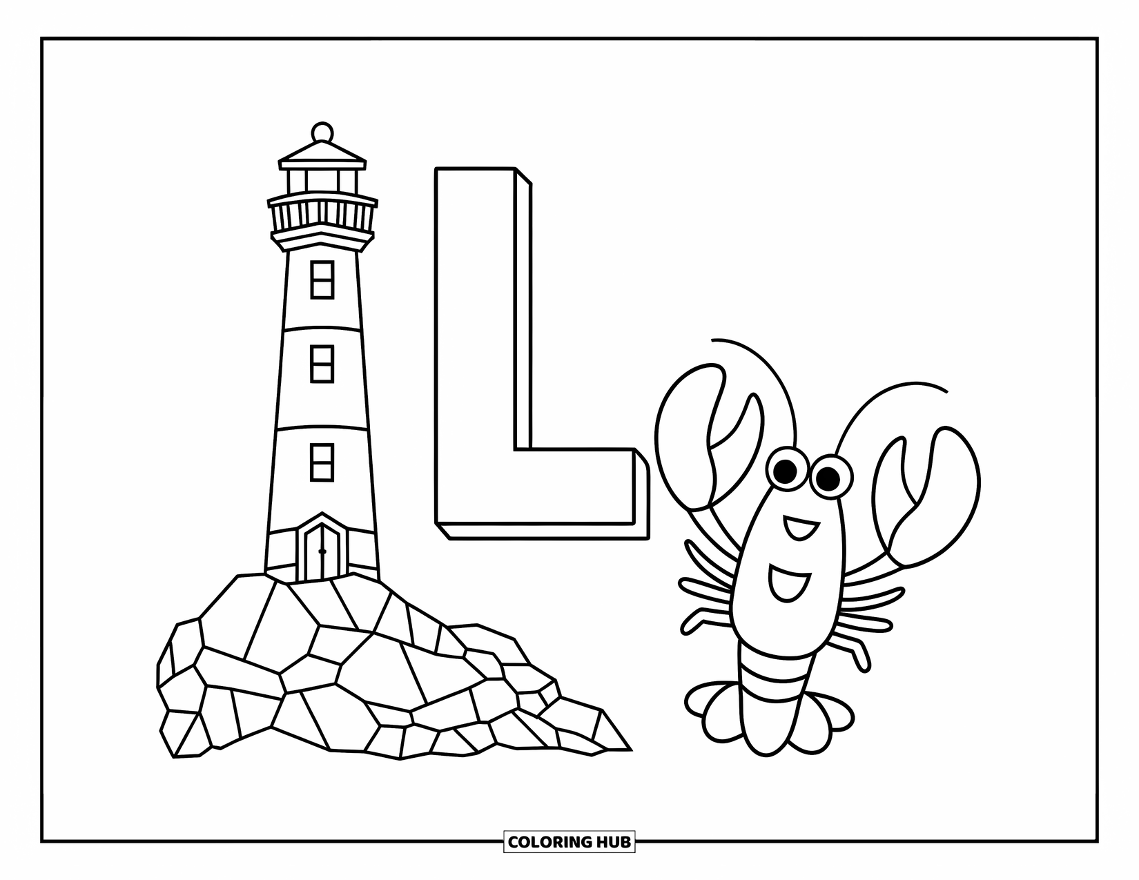 Letter L Coloring Page for Kids: Big L stands tall by a lighthouse, while little l meets a lobster