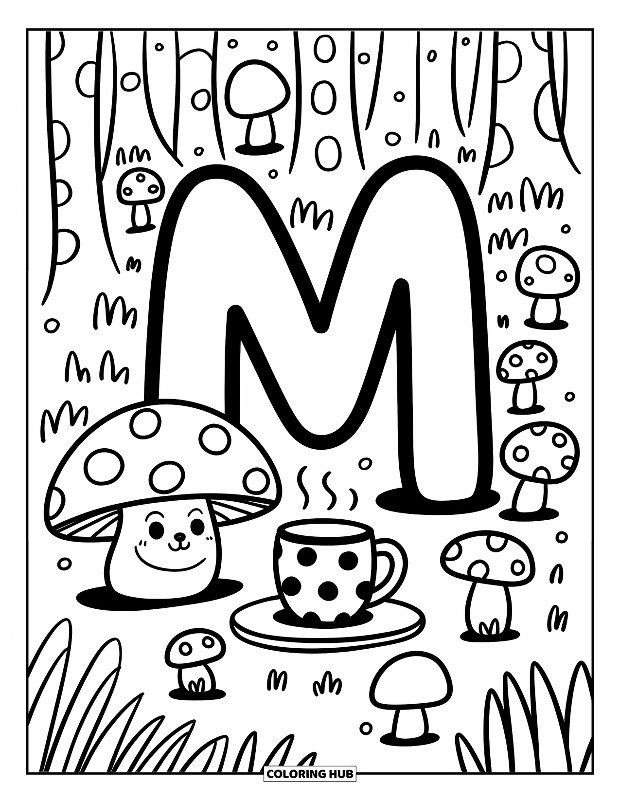 Letter M Coloring Page for Adults: A curious mouse peeks from a mushroom beside M in a cozy forest