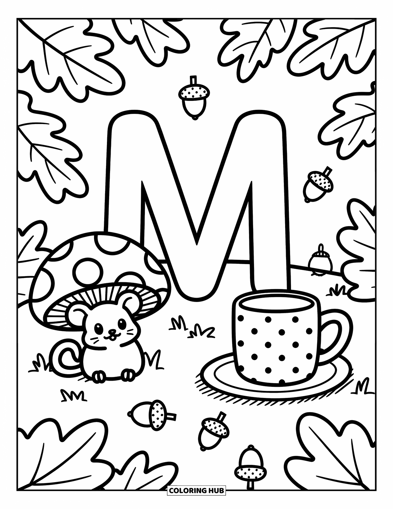 Letter M Coloring Page for Adults: A forest picnic with a mouse and mug surrounds M