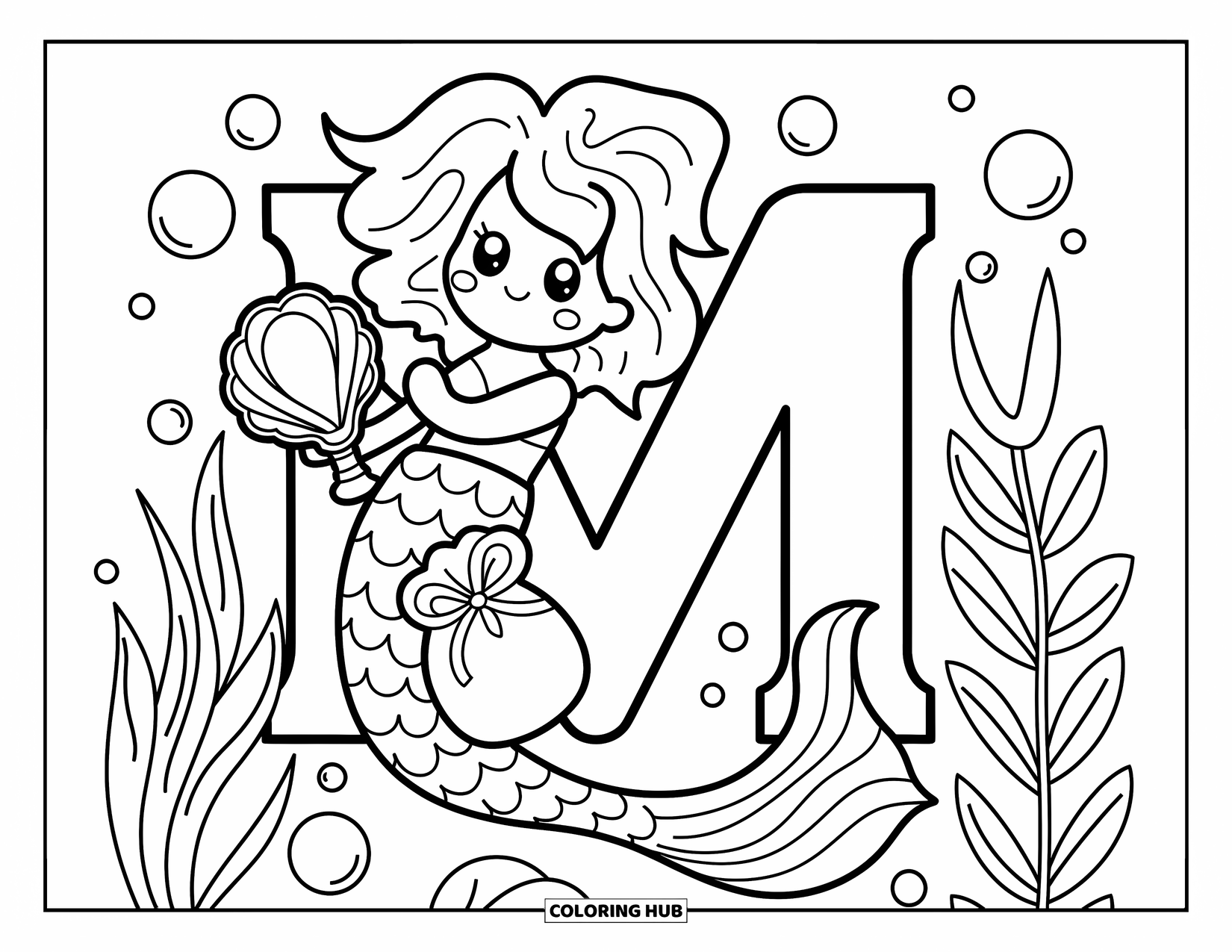 Letter M Coloring Page for Adults: A mermaid with a seashell mirror and marshmallows floats near the letter M