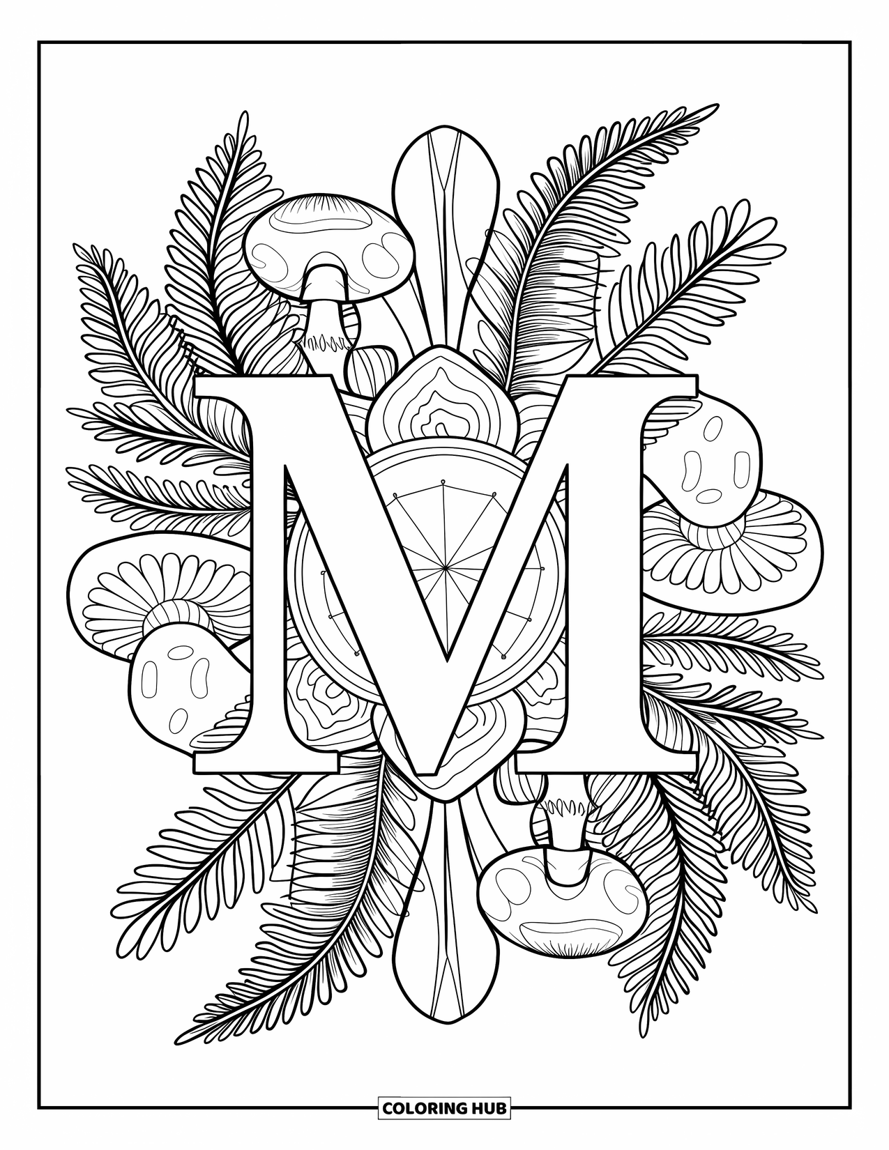 Letter M Coloring Page for Adults: Fern leaves and mushrooms form mandalas around the letter M