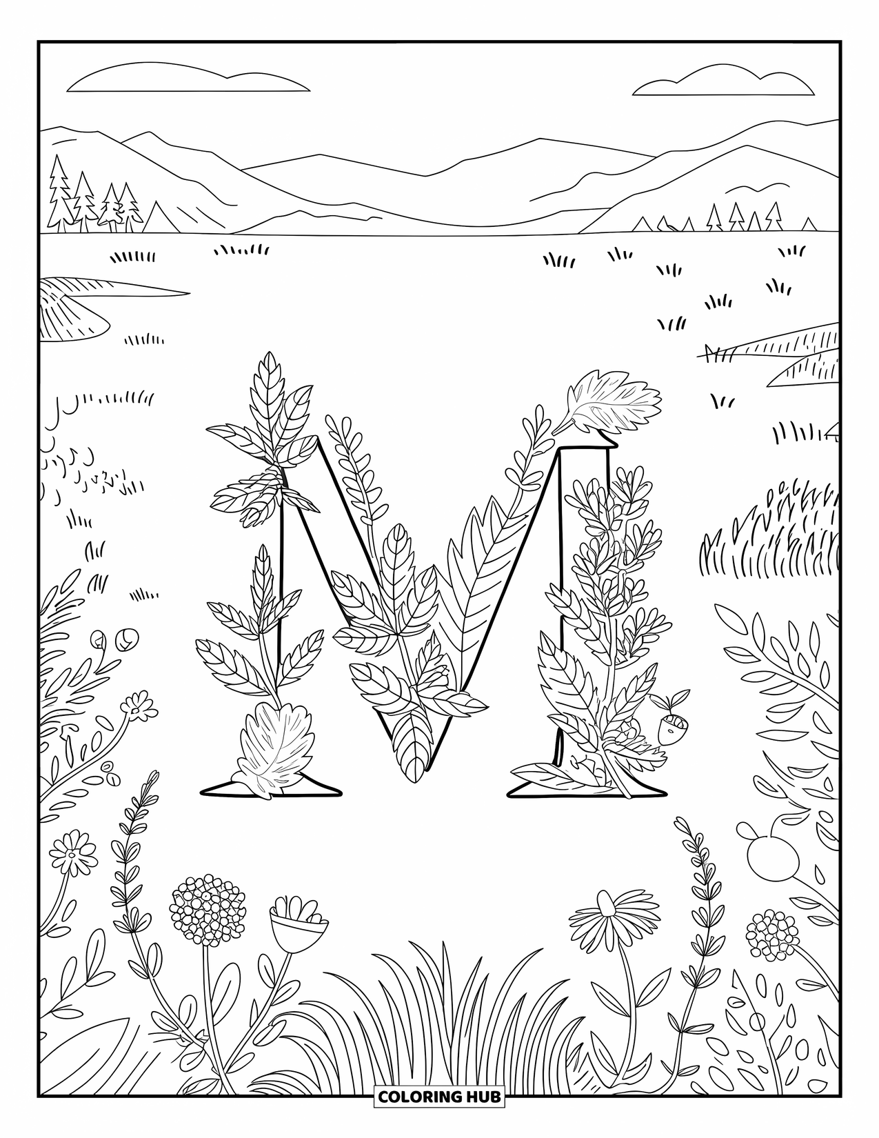 Letter M Coloring Page for Adults: M appears in a field of herbs and flowers with a peaceful meadow view