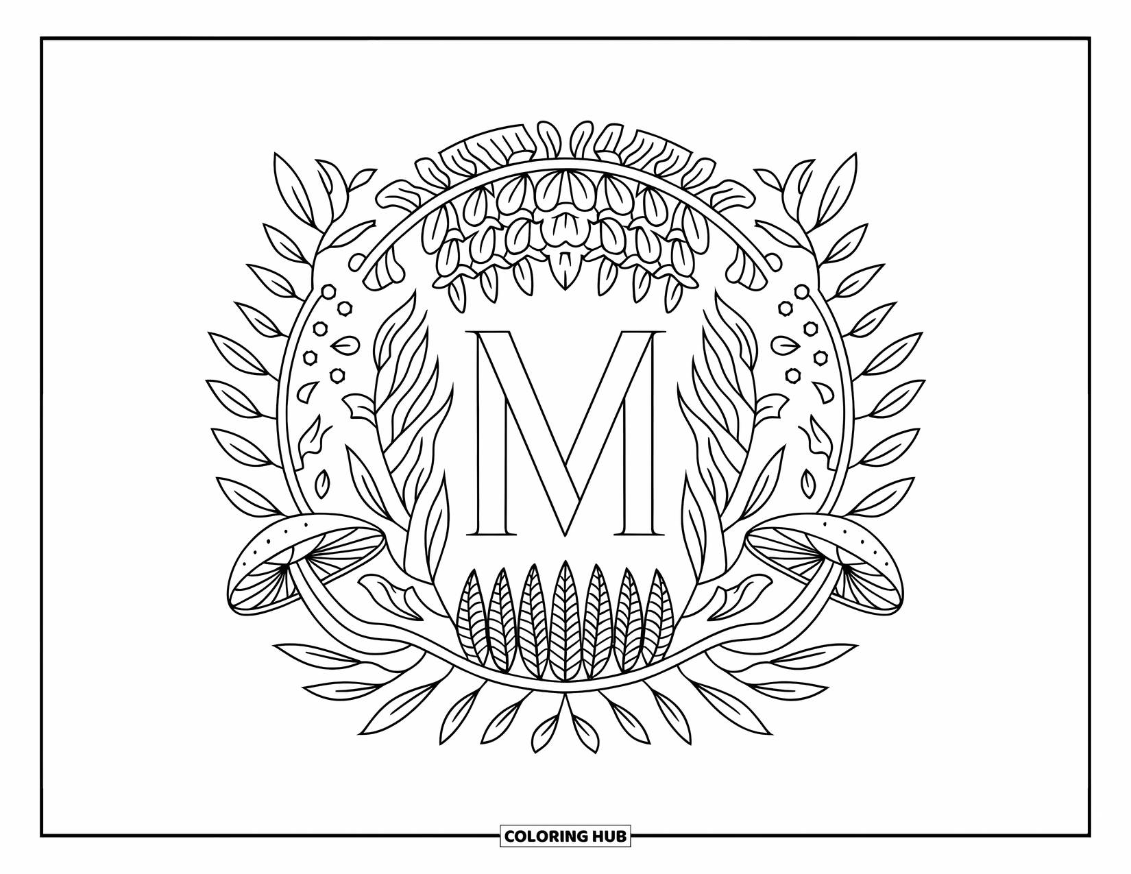 Letter M Coloring Page for Adults: M is surrounded by ferns, mushrooms, and delicate leaves in a circular frame