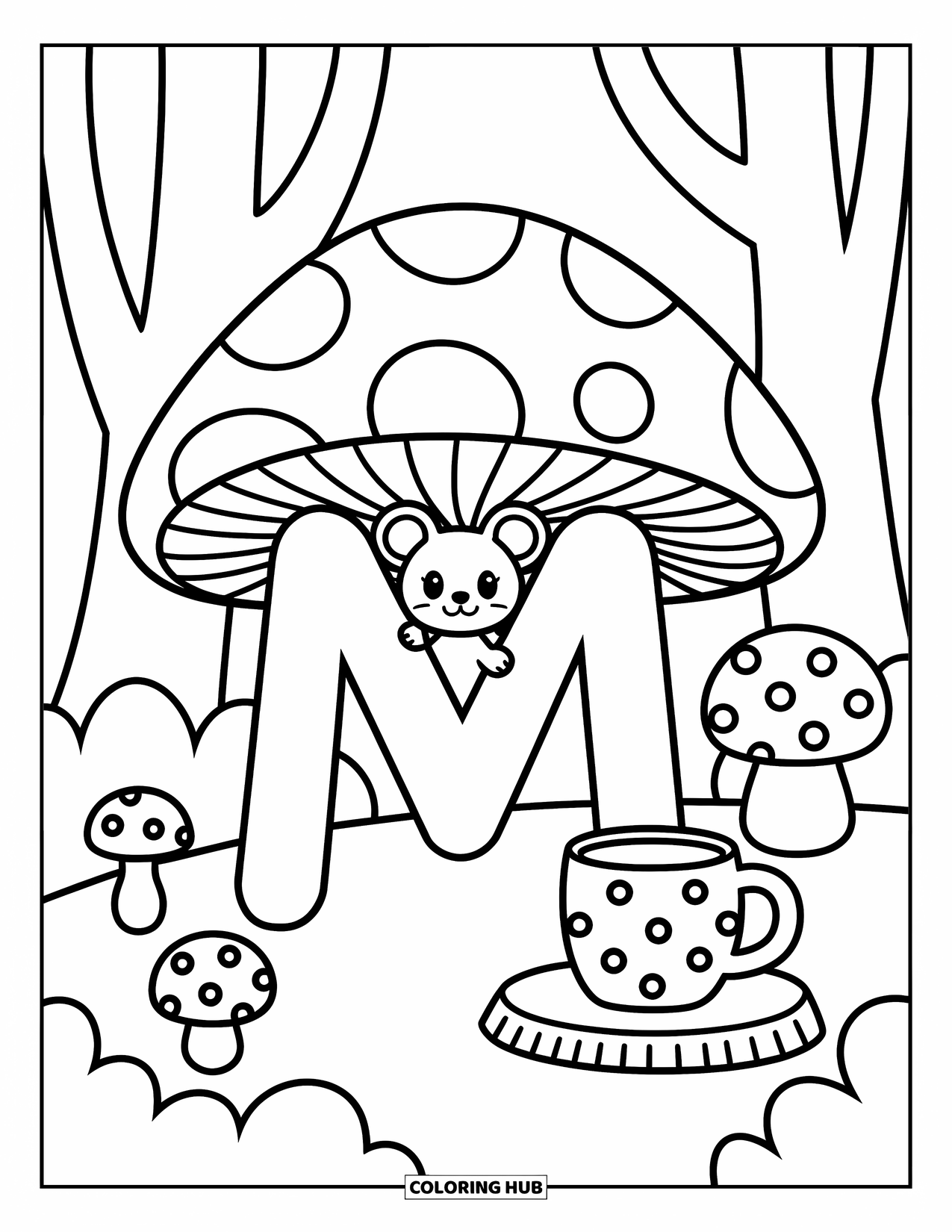 Letter M Coloring Page for Adults: M rests by a mouse, mushrooms, and a dotted mug on a rock