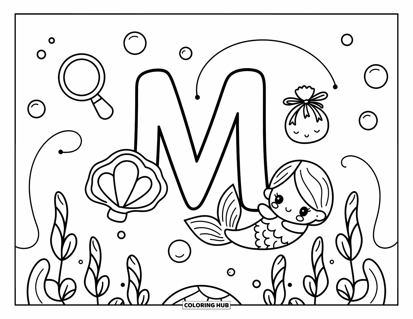 Letter M Coloring Page for Adults: M shines beside a smiling mermaid, seashell mirror, and floating marshmallows