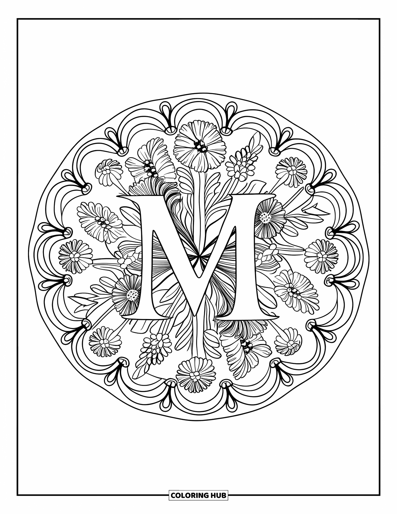 Letter M Coloring Page for Adults: M sits at the heart of a mandala filled with meadow flowers and herbs
