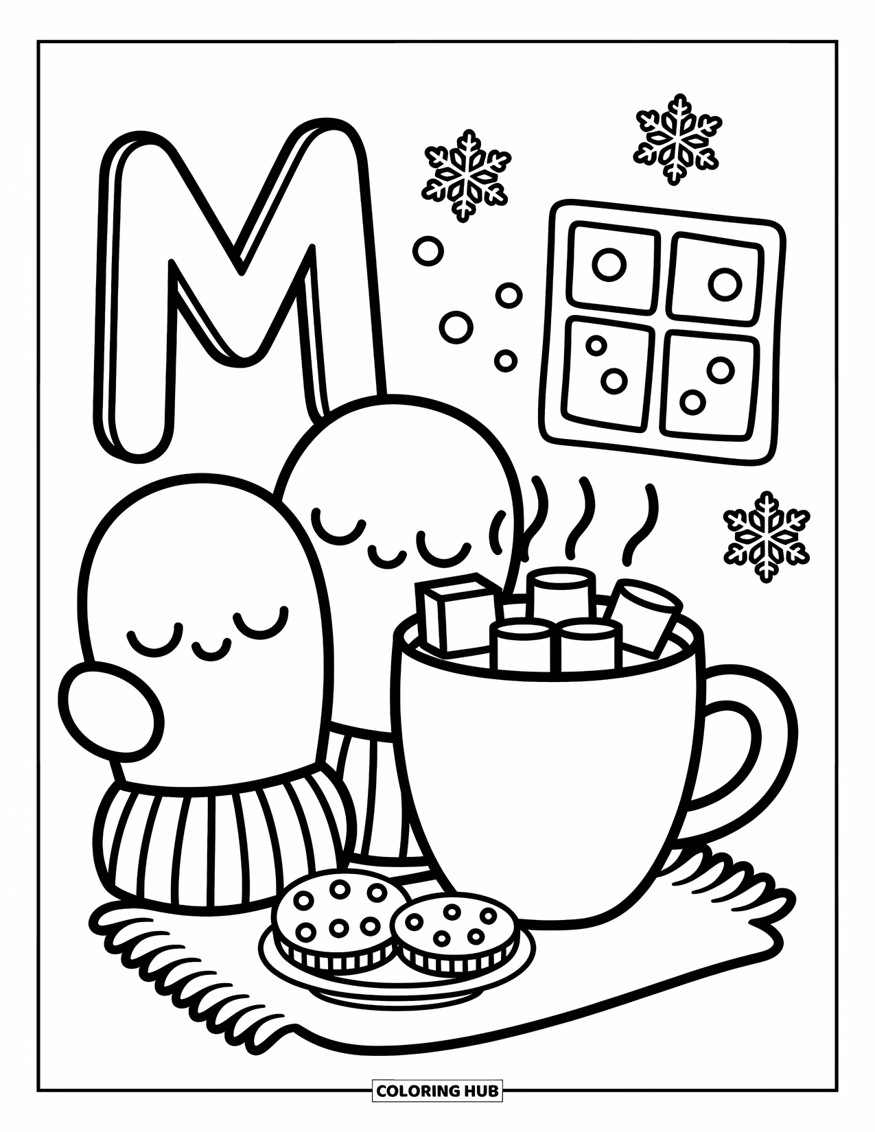 Letter M Coloring Page for Adults: M snuggles near mittens, hot cocoa, and cookies in a wintery scene