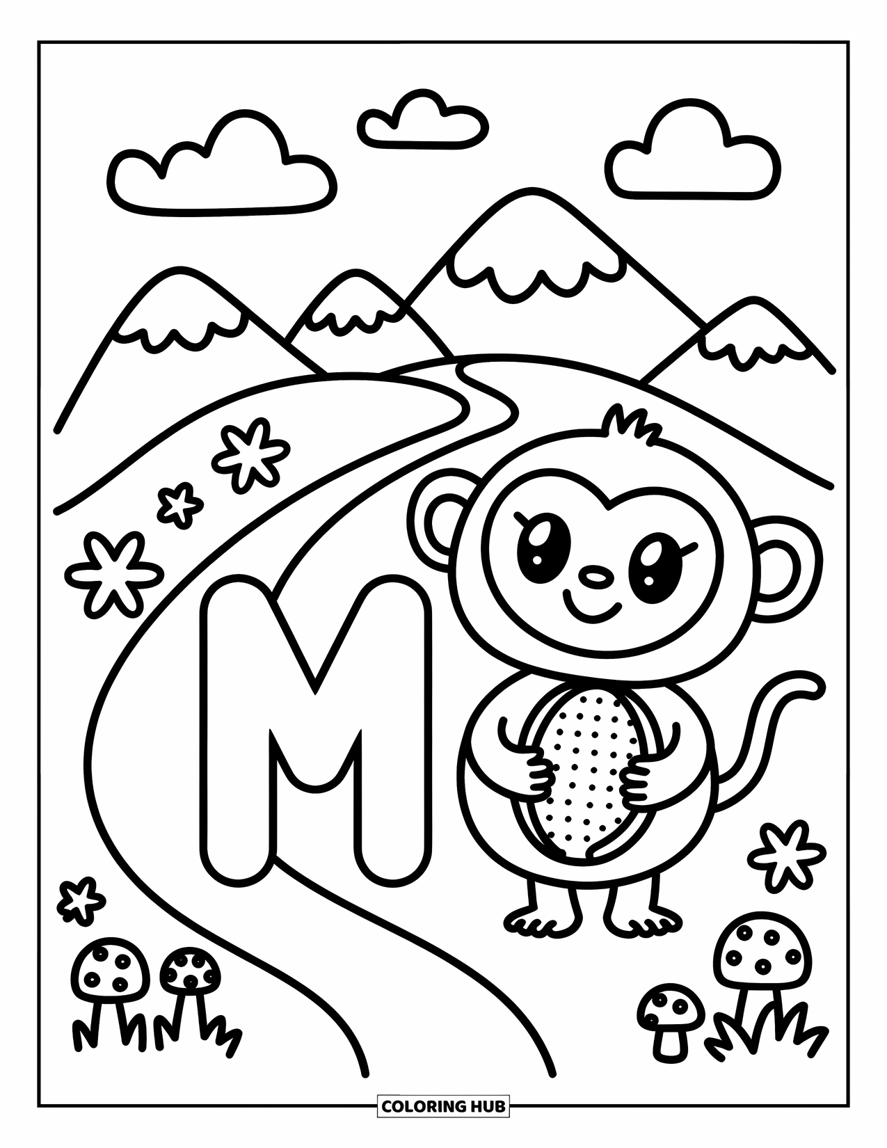 Letter M Coloring Page for Adults: M stands with a monkey holding a mango near hills and fluffy clouds